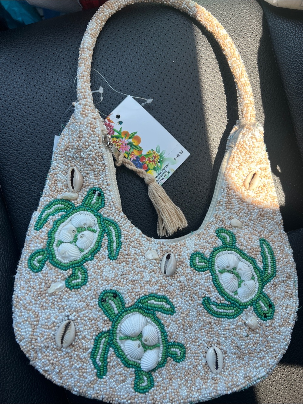 Beaded Seashell Turtle Shoulder Bag - Green & Cream